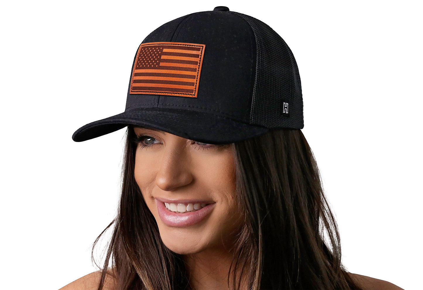 American Flag Trucker Hat Leather | Black USA Snapback