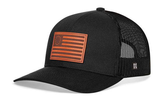 Betsy Ross Flag Trucker Hat Leather  |  Black USA Snapback