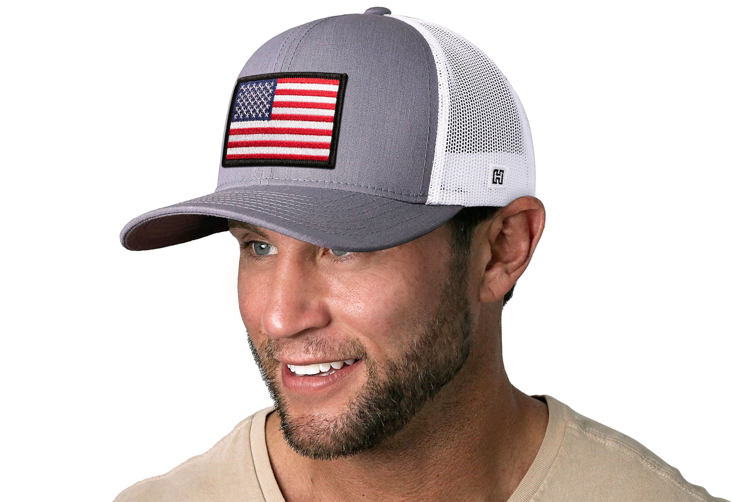 American Flag Trucker Hat  |  Gray-White USA Snapback
