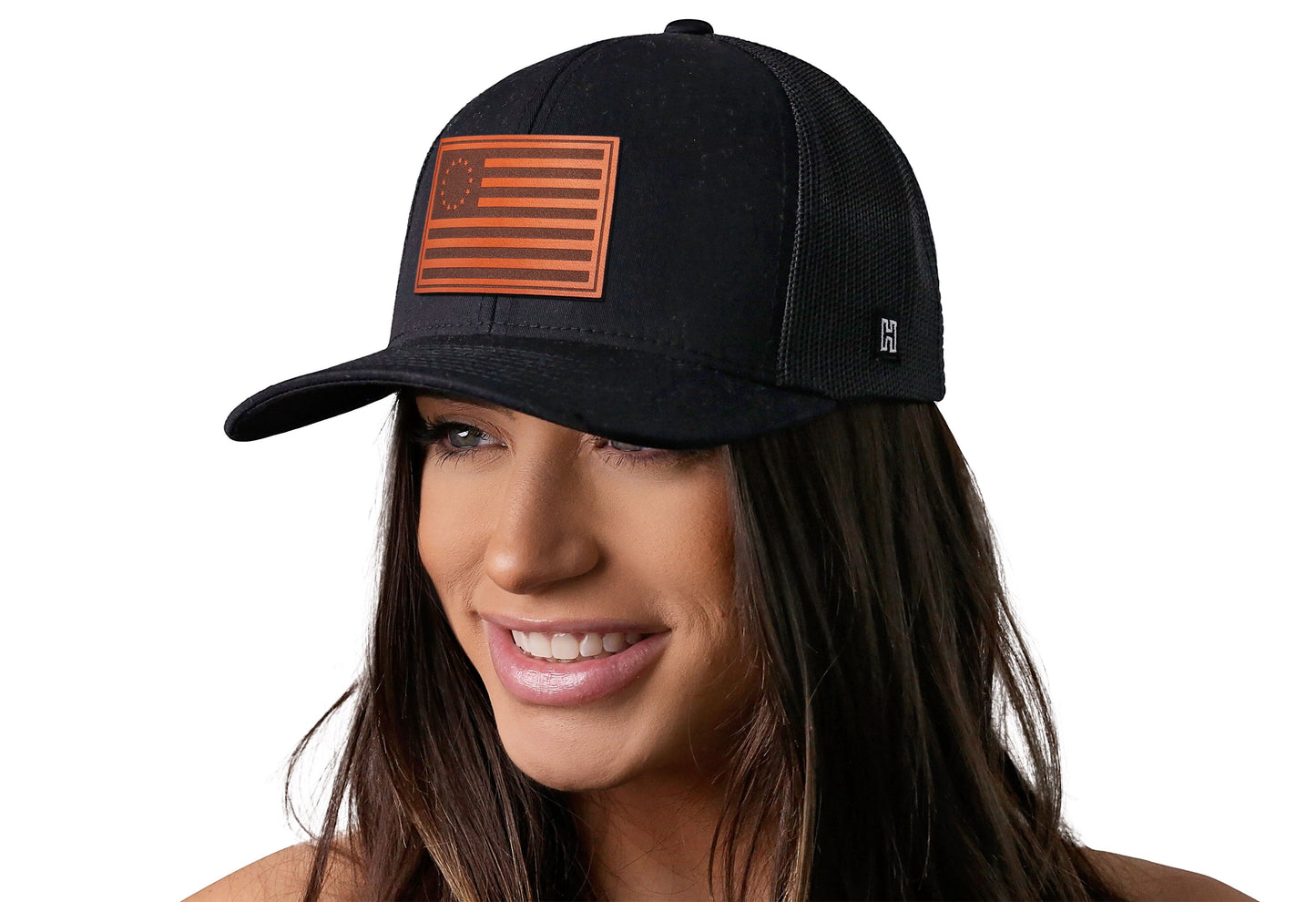 Betsy Ross Flag Trucker Hat Leather  |  Black USA Snapback