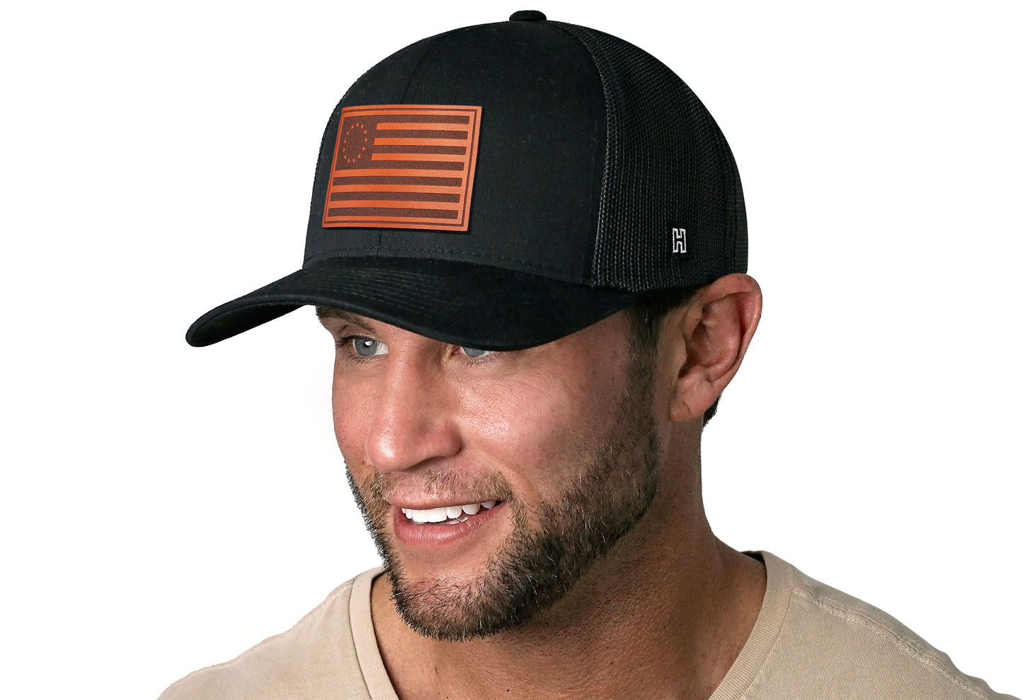 Betsy Ross Flag Trucker Hat Leather  |  Black USA Snapback