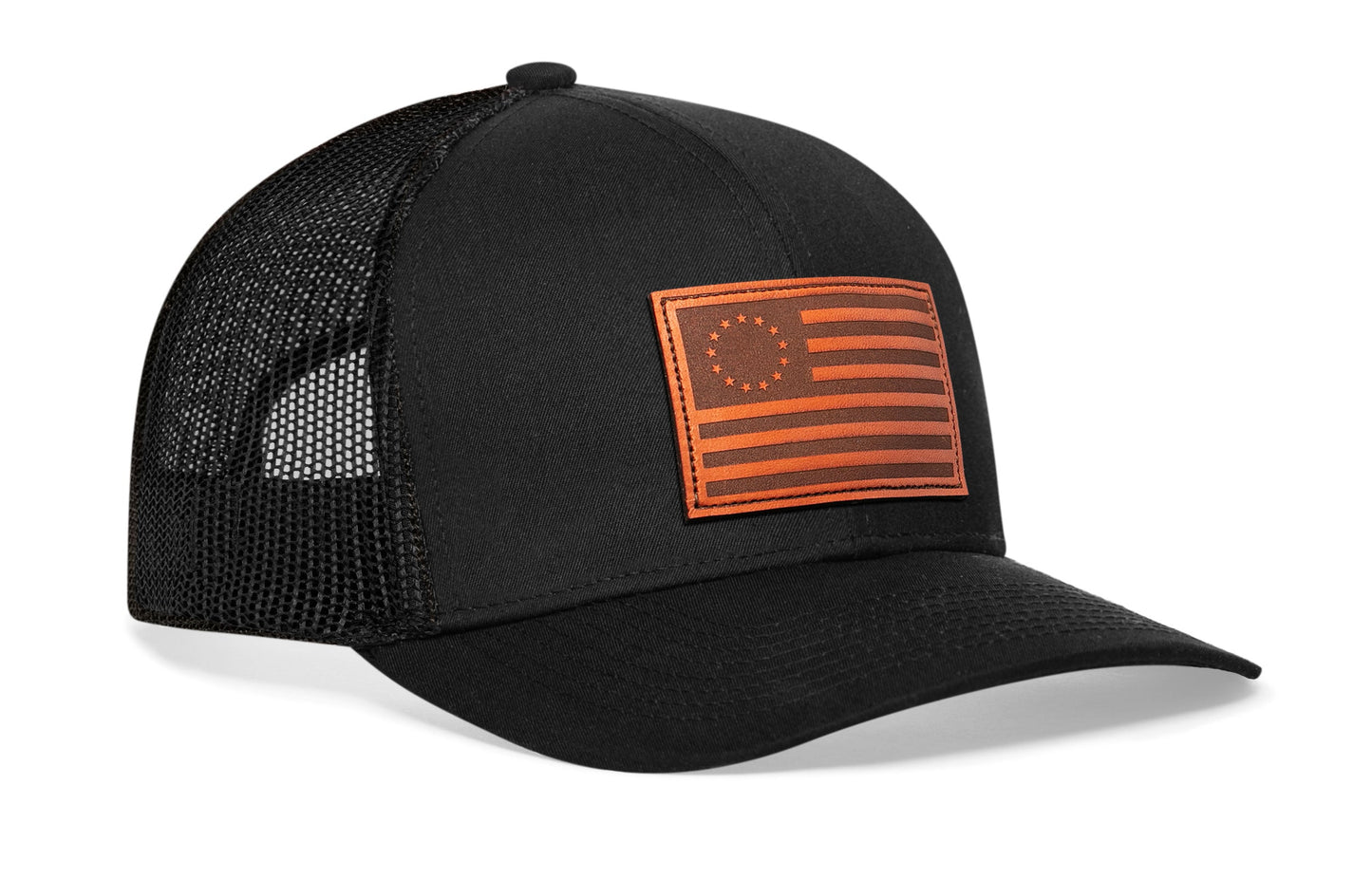 Betsy Ross Flag Trucker Hat Leather  |  Black USA Snapback