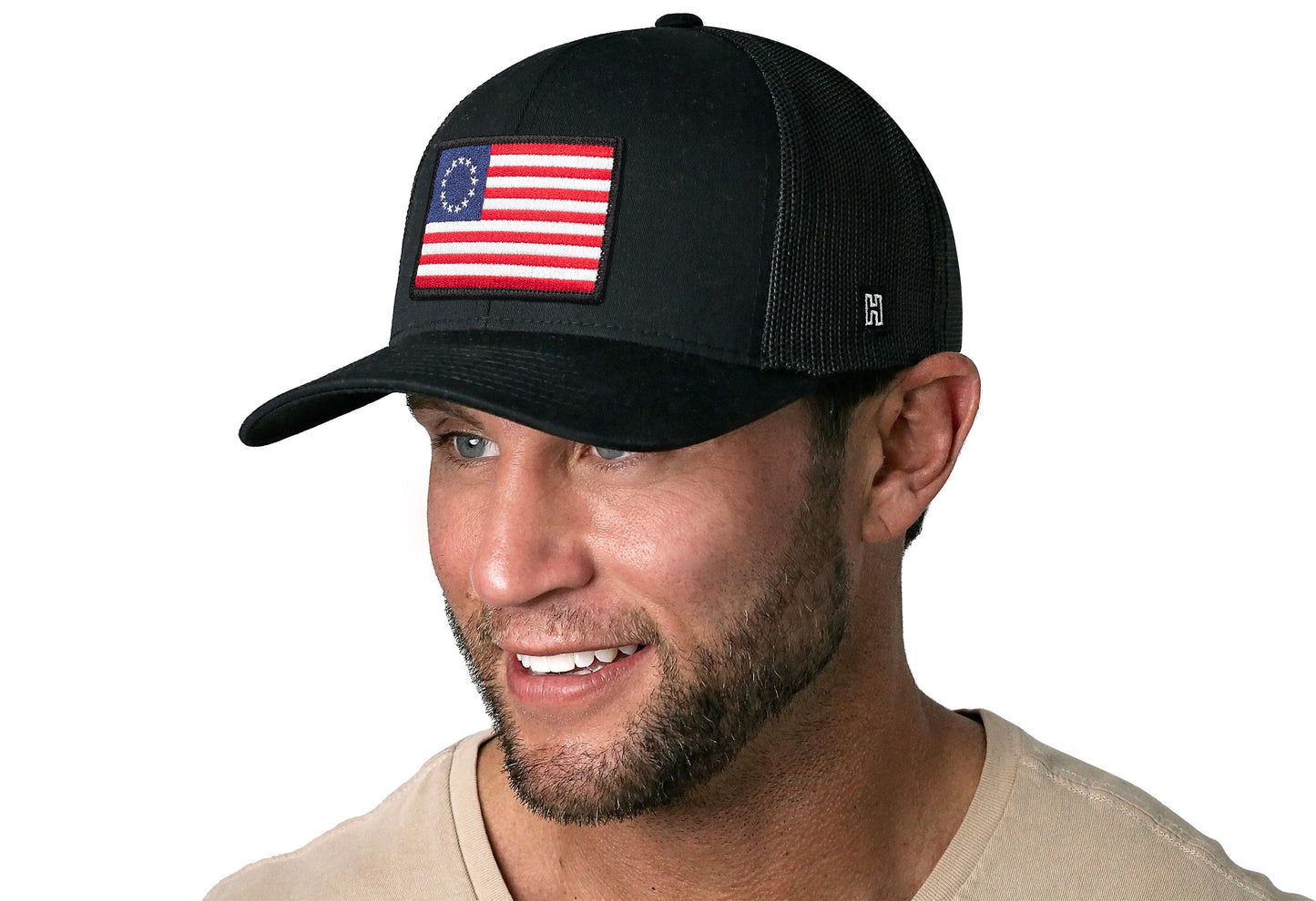 Betsy Ross Flag Trucker Hat  |  Black USA Snapback